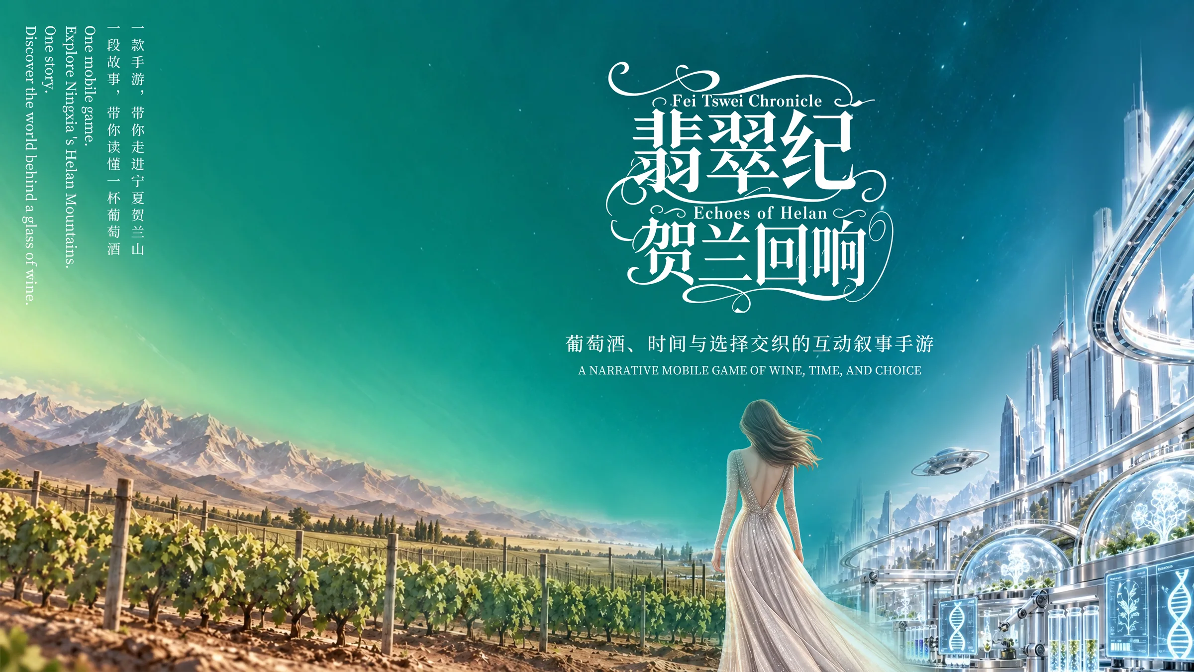 Fei Tswei Chronicle key visual juxtaposing the Helan vineyard and a future city