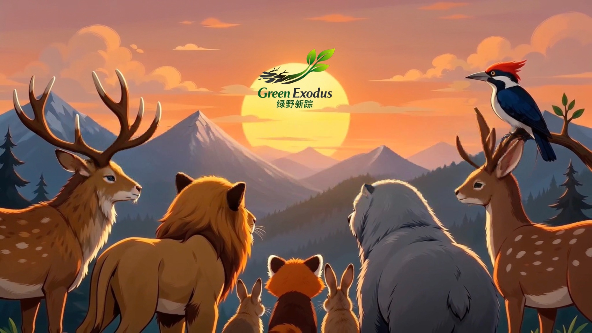 Green Exodus illustration of forest animals facing a sunset and mountains
