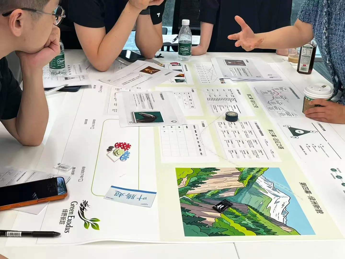 Participants discussing the Green Exodus simulation materials